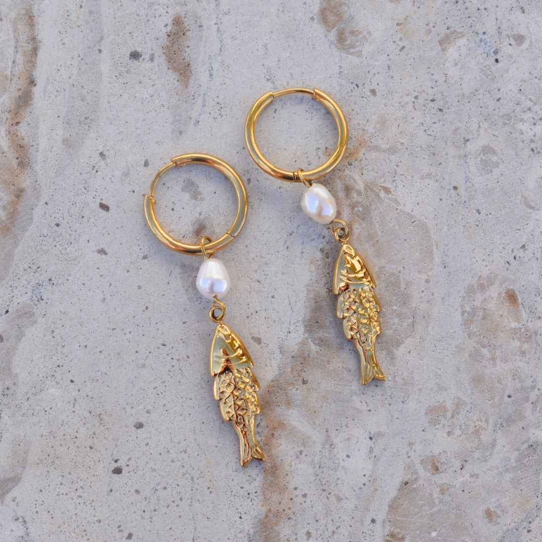 Sardine Hoops Gold Huggies with Freshwater Pearls Handmade - Main Image