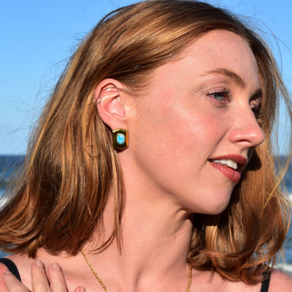 Katrina Earrings | Gold Studs With Larimar Stone - My Store