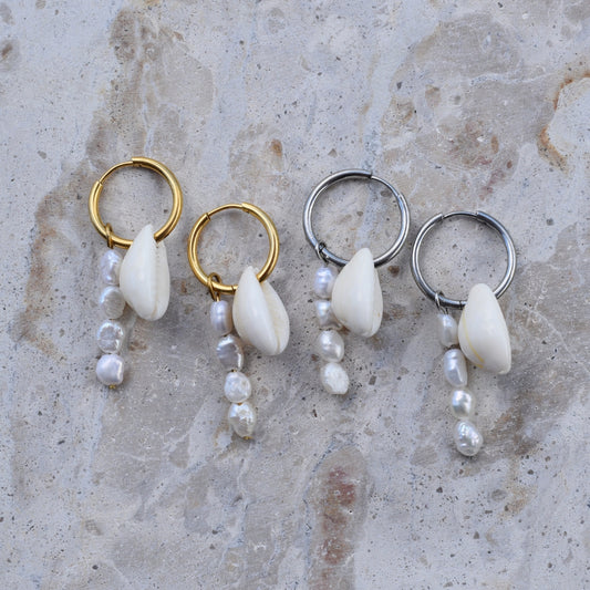 Cowrie Shell & Pearl Hoops - Goldieboxx Jewellery