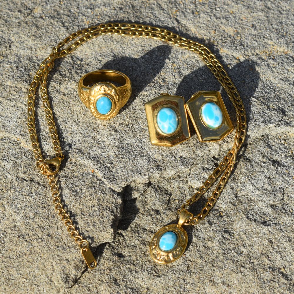 Katrina Earrings | Gold Studs With Larimar Stone - My Store
