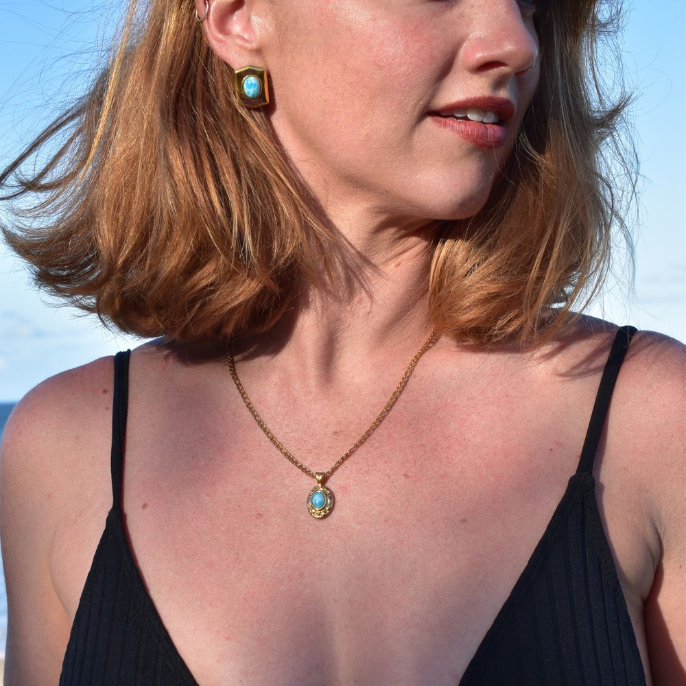 Katrina Earrings | Gold Studs With Larimar Stone - My Store
